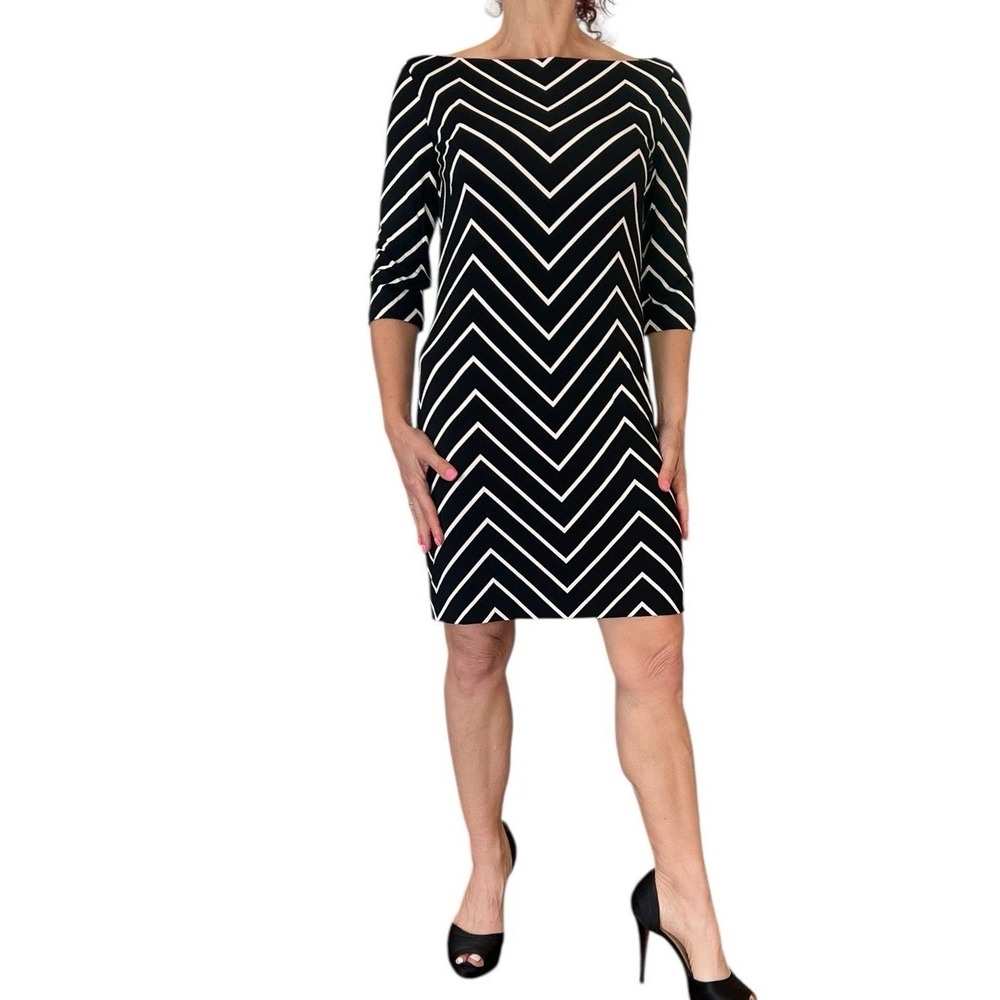 RALPH‎ LAUREN BLACK LABEL MINI  DRESS BOAT NECK 3/4 SLEEVE CHEVRON JERSEY 6 $998